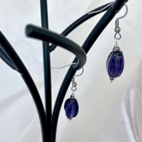 NWOT Upcycled & Handmade Purple/Grey Dangle Earrings - Picture 2 of 5